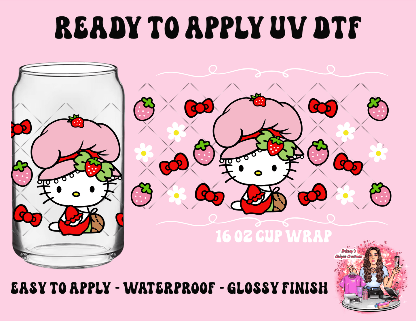UV dtf | glass can wrap | libbey glass wrap| strawberry kitty